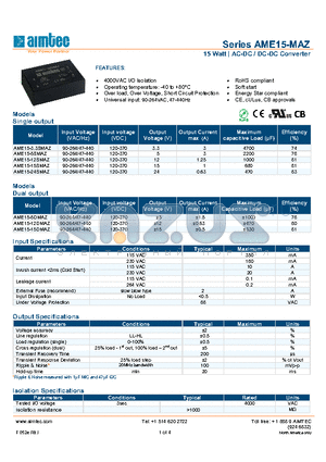 AME15-MAZ_13 datasheet - 15 Watt | AC-DC / DC-DC Converter