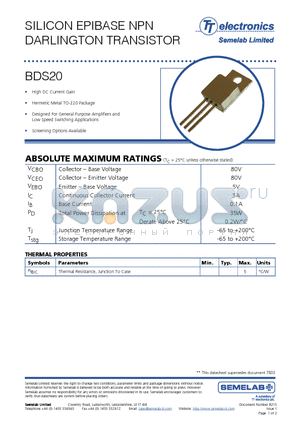 BDS20_09 datasheet - SILICON EPIBASE NPN DARLINGTON TRANSISTOR