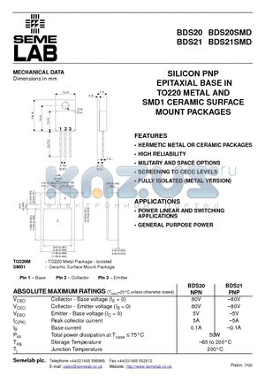 BDS20SMD datasheet - SILICON PNP EPITAXIAL BASE IN TO220 METAL AND SMD1 CERAMIC SURFACE MOUNT PACKAGES