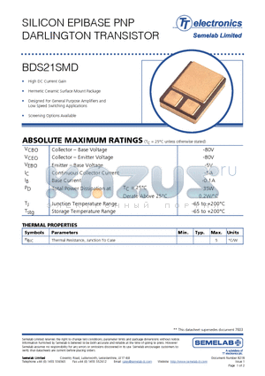 BDS21SMD datasheet - SILICON EPIBASE PNP DARLINGTON TRANSISTOR