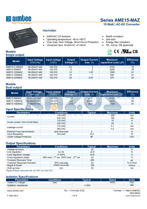 AME15-12DMAZ datasheet - 15 Watt | AC-DC Converter