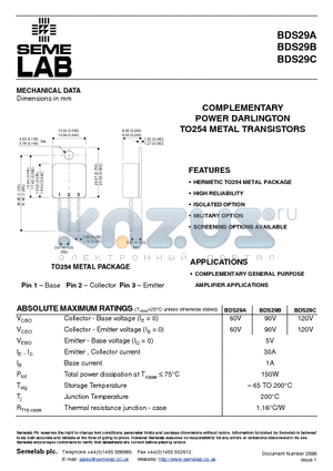 BDS29C datasheet - COMPLEMENTARY POWER DARLINGTON TO254 METAL TRANSISTORS