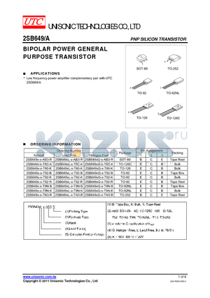 2SB649XG-X-T92-K datasheet - BIPOLAR POWER GENERAL PURPOSE TRANSISTOR