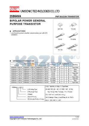 2SB649XL-X-T92-B datasheet - BIPOLAR POWER GENERAL PURPOSE TRANSISTOR