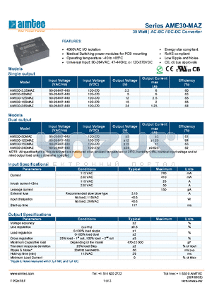 AME30-12DMAZ datasheet - 30 Watt | AC-DC / DC-DC Converter