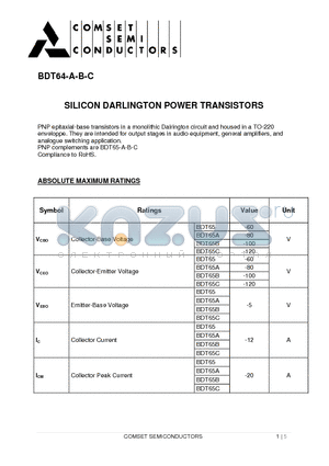 BDT64 datasheet - SILICON DARLINGTON POWER TRANSISTORS