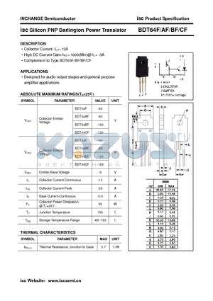 BDT64BF datasheet - isc Silicon PNP Darlington Power Transistor