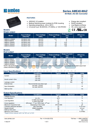 AME40-12SMAZ datasheet - 40 Watt | AC-DC Converter