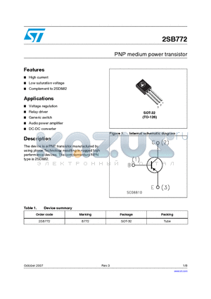 2SB772 datasheet - PNP medium power transistor