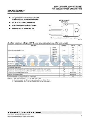 BDV64 datasheet - PNP SILICON POWER DARLINGTONS