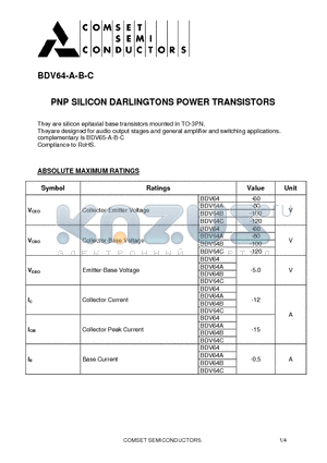 BDV64 datasheet - PNP SILICON DARLINGTONS POWER TRANSISTORS