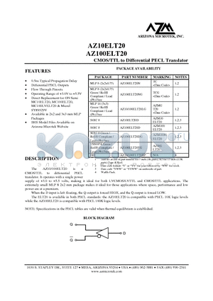AZ100ELT20 datasheet - CMOS/TTL to Differential PECL Translator