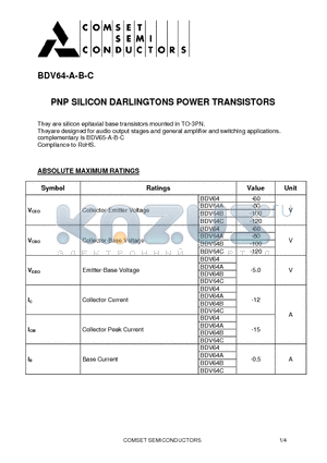 BDV64A datasheet - PNP SILICON DARLINGTONS POWER TRANSISTORS