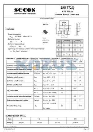2SB772Q datasheet - PNP Silicon Medium Power Transistor