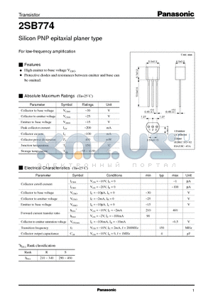 2SB774 datasheet - Silicon PNP epitaxial planer type(For low-frequency amplification)