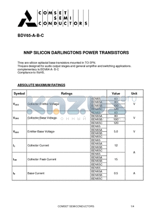 BDV65C datasheet - NNP SILICON DARLINGTONS POWER TRANSISTORS