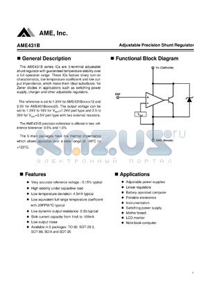 AME431BAJEVB12 datasheet - Adjustable Precision Shunt Regulator