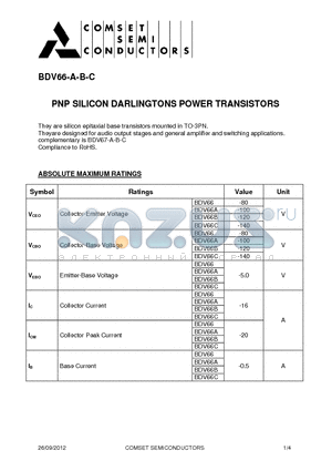 BDV66A datasheet - PNP SILICON DARLINGTONS POWER TRANSISTORS