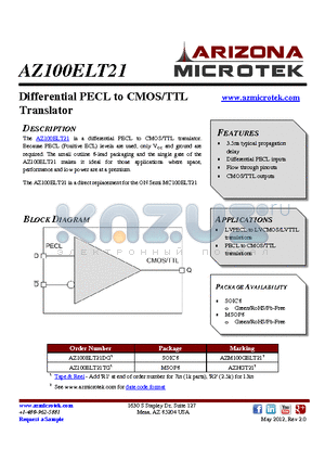 AZ100ELT21 datasheet - Differential PECL to CMOS/TTL Translator