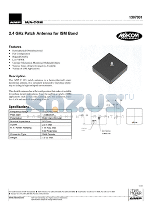 1307031 datasheet - 2.4 GHz Patch Antenna for ISM Band