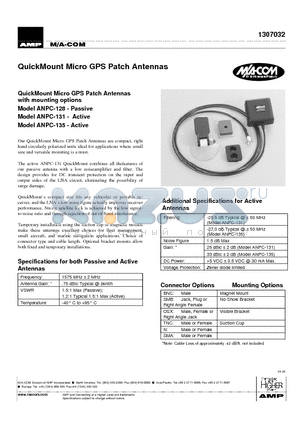 1307032 datasheet - QuickMount Micro GPS Patch Antennas