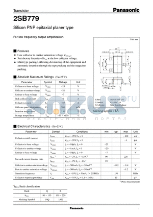 2SB779 datasheet - Silicon PNP epitaxial planer type(For low-frequency output amplification)