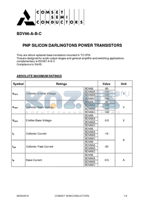 BDV66C datasheet - PNP SILICON DARLINGTONS POWER TRANSISTORS