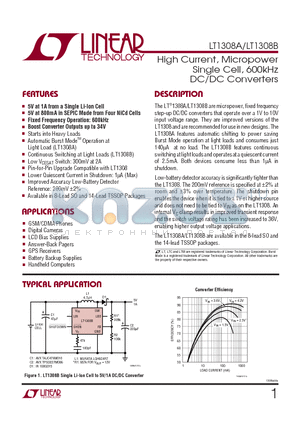 1308B datasheet - High Current, Micropower Single Cell, 600kHz DC/DC Converters