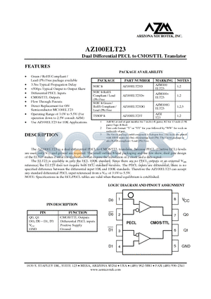 AZ100ELT23 datasheet - Dual Differential PECL to CMOS/TTL Translator