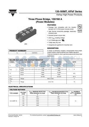 130MT100KPBF datasheet - Three Phase Bridge, 130/160 A (Power Modules)