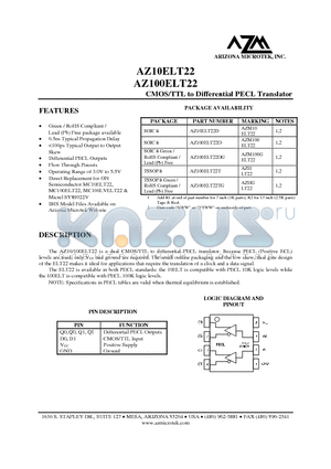 AZ100ELT22DG datasheet - CMOS/TTL to Differential PECL Translator