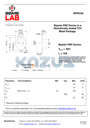 BDW22A datasheet - Bipolar PNP Device in a Hermetically sealed TO3