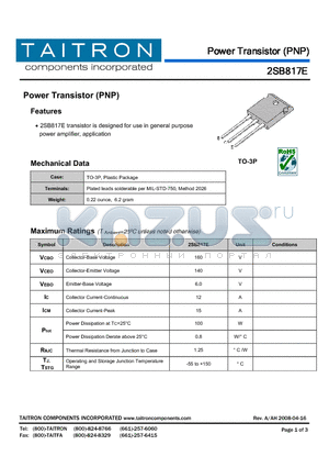 2SB817E datasheet - Power Transistor (PNP)