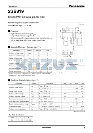 2SB819 datasheet - Silicon PNP epitaxial planer type(For low-frequency output amplification)