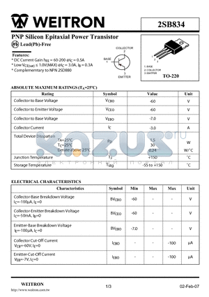 2SB834 datasheet - PNP Silicon Epitaxial Power Transistor