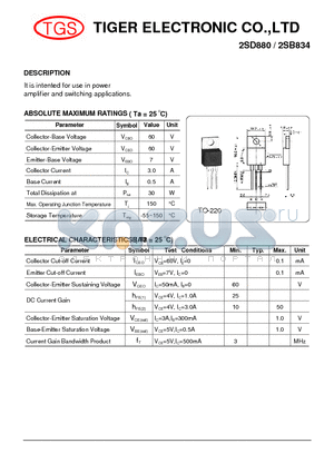 2SB834 datasheet - It is intented for use in power amplifier and switching applications.