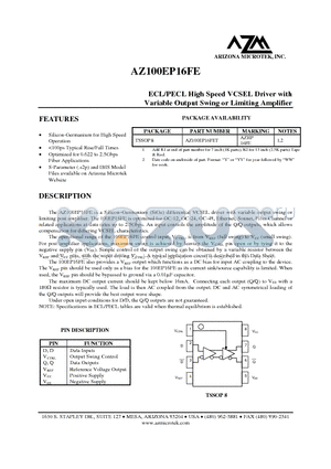 AZ100EP16FE datasheet - ECL/PECL High Speed VCSEL Driver with Variable Output Swing or Limiting Amplifier