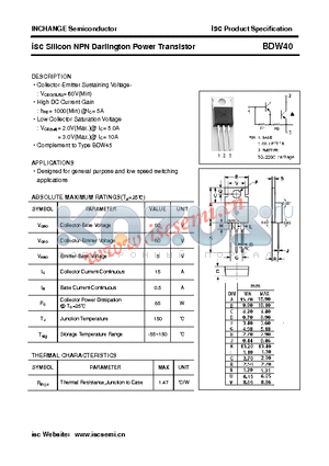 BDW40 datasheet - isc Silicon NPN Darlington Power Transistor