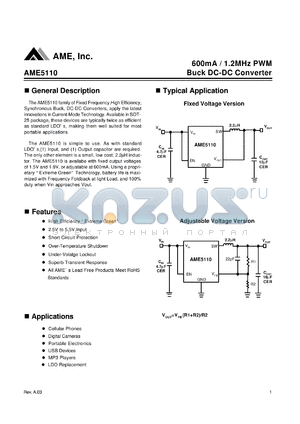 AME5110BEEV150Z datasheet - 600mA / 1.2MHz PWM Buck DC-DC Converter