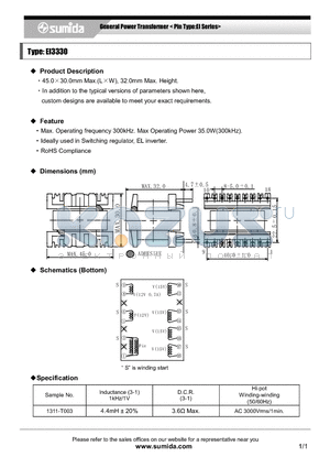 1311-T003 datasheet - General Power Transformer < Pin Type:EI Series>