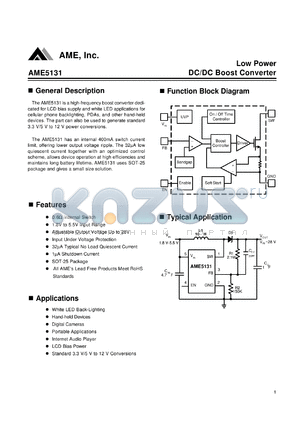 AME5131AEEV datasheet - Low Power DC/DC Boost Converter