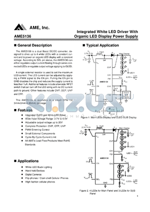AME5136 datasheet - Integrated White LED Driver With Organic LED Display Power Supply