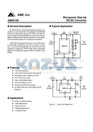 AME5138 datasheet - Micropower Step-Up DC/DC Converter