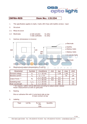 131234 datasheet - GaAs / GaAs LED Chips with GaAlAs window - layer