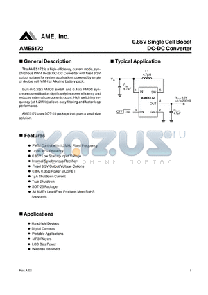 AME5172 datasheet - 0.85V Single Cell Boost DC-DC Converter