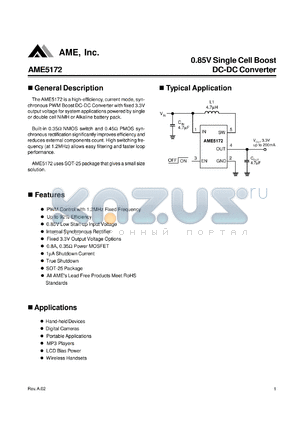 AME5172AEEV330Z datasheet - 0.85V Single Cell Boost DC-DC Converter