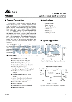 AME5258 datasheet - 1.5MHz, 600mA Synchronous Buck Converter