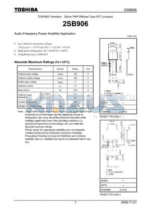 2SB906 datasheet - Audio Frequency Power Amplifier Application