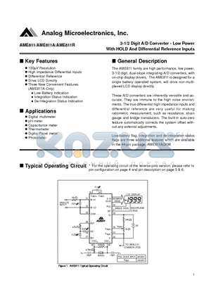 AME811A datasheet - 3-1/2 Digit A/D Converter - Low Power With HOLD And Differential Reference Inputs