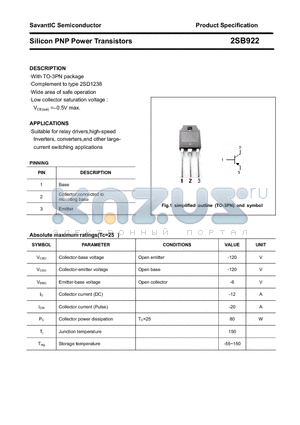 2SB922 datasheet - Silicon PNP Power Transistors